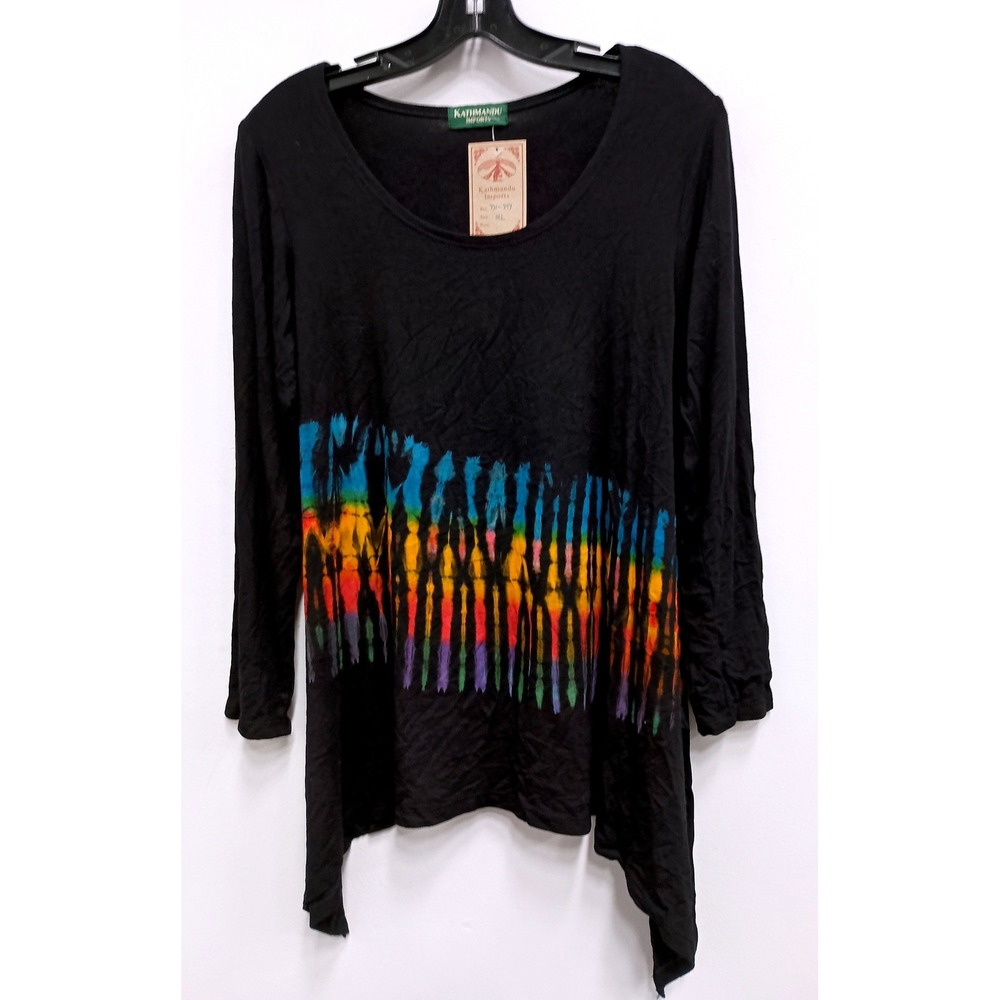 Kathmandu Imports BOHO Tunic Top Womens M/L Black Rainbow Tie Dye Sharkbite